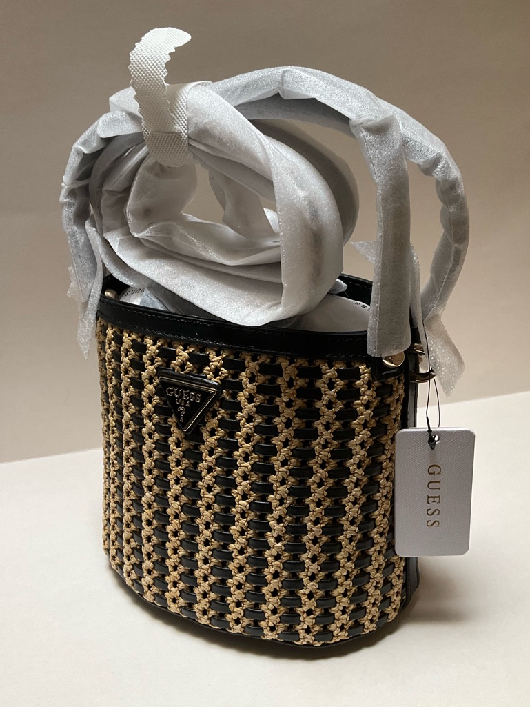 Guess Atalia Raffia Crossbody Bucket Bag Black And Natural Woven Top-Handle Bag